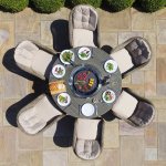 Maze Winchester 6 Seat Round Fire Pit Dining Set With Heritage Chairs and Lazy Susan