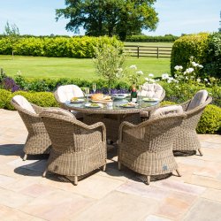 Maze Winchester 6 Seat Round Fire Pit Dining Set With Heritage Chairs and Lazy Susan